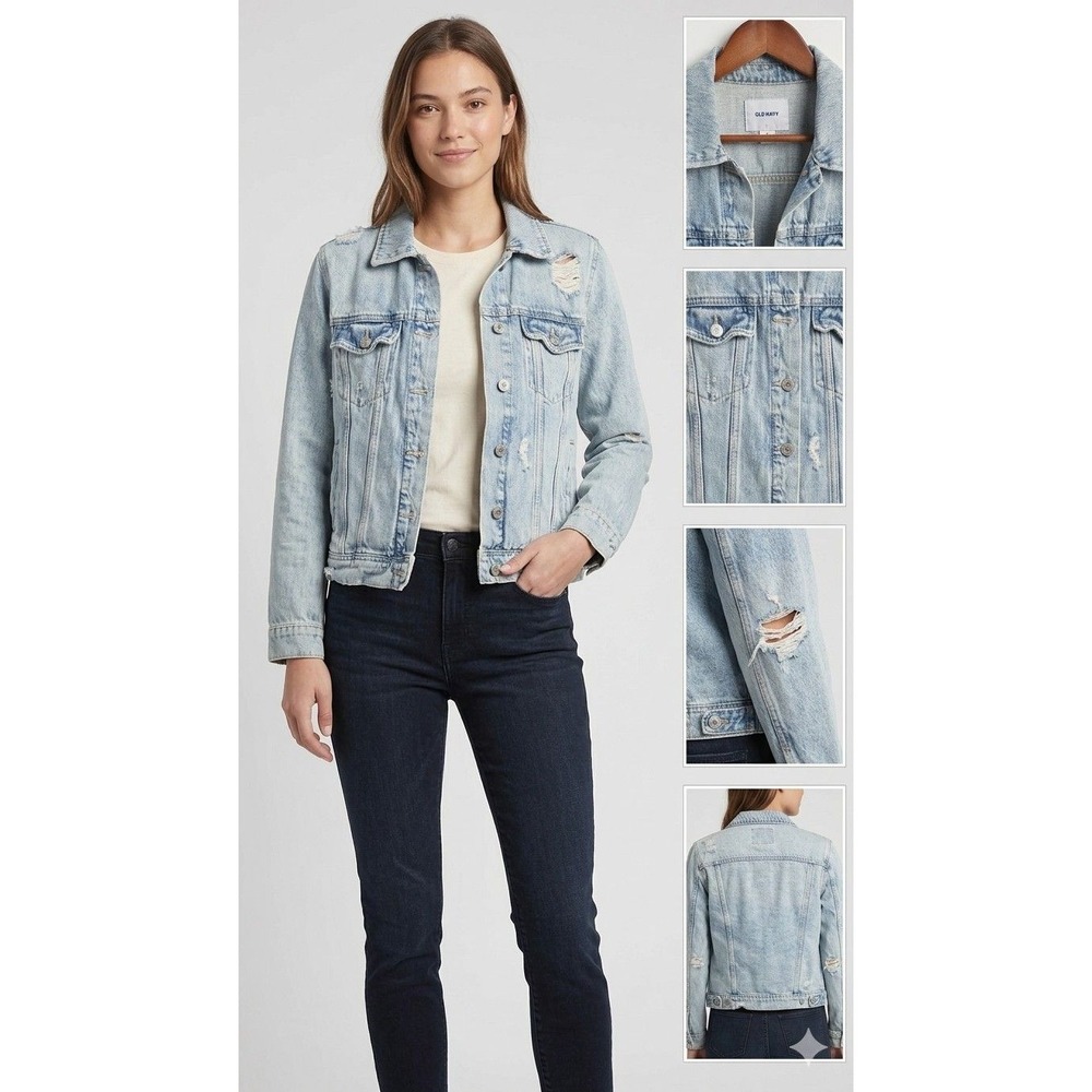 Old Navy Distressed Light Wash Trucker Denim Jacket Women M Petite